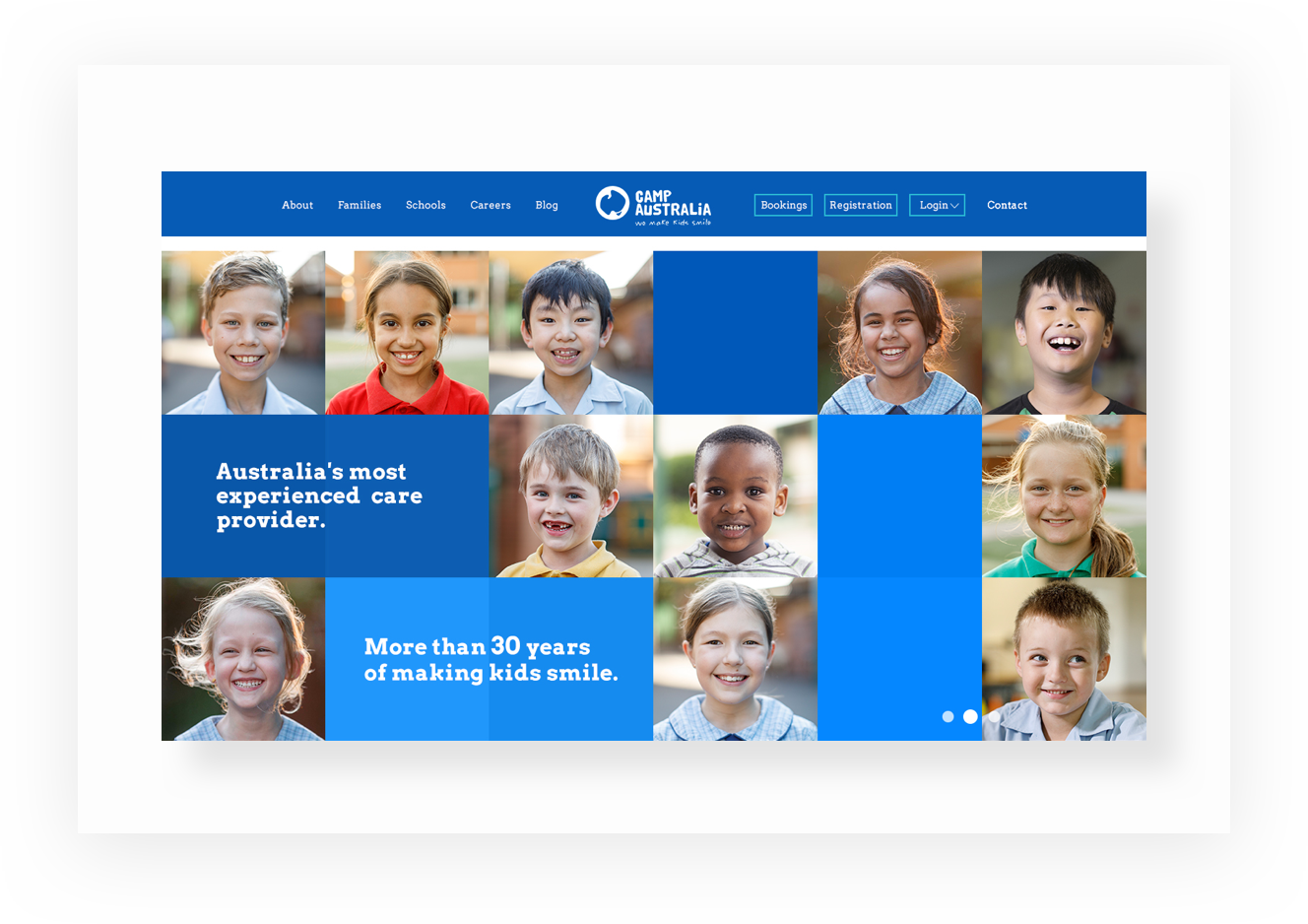 Screenshot of the Camp Australia website on the home page with 11 headshots of children smiling