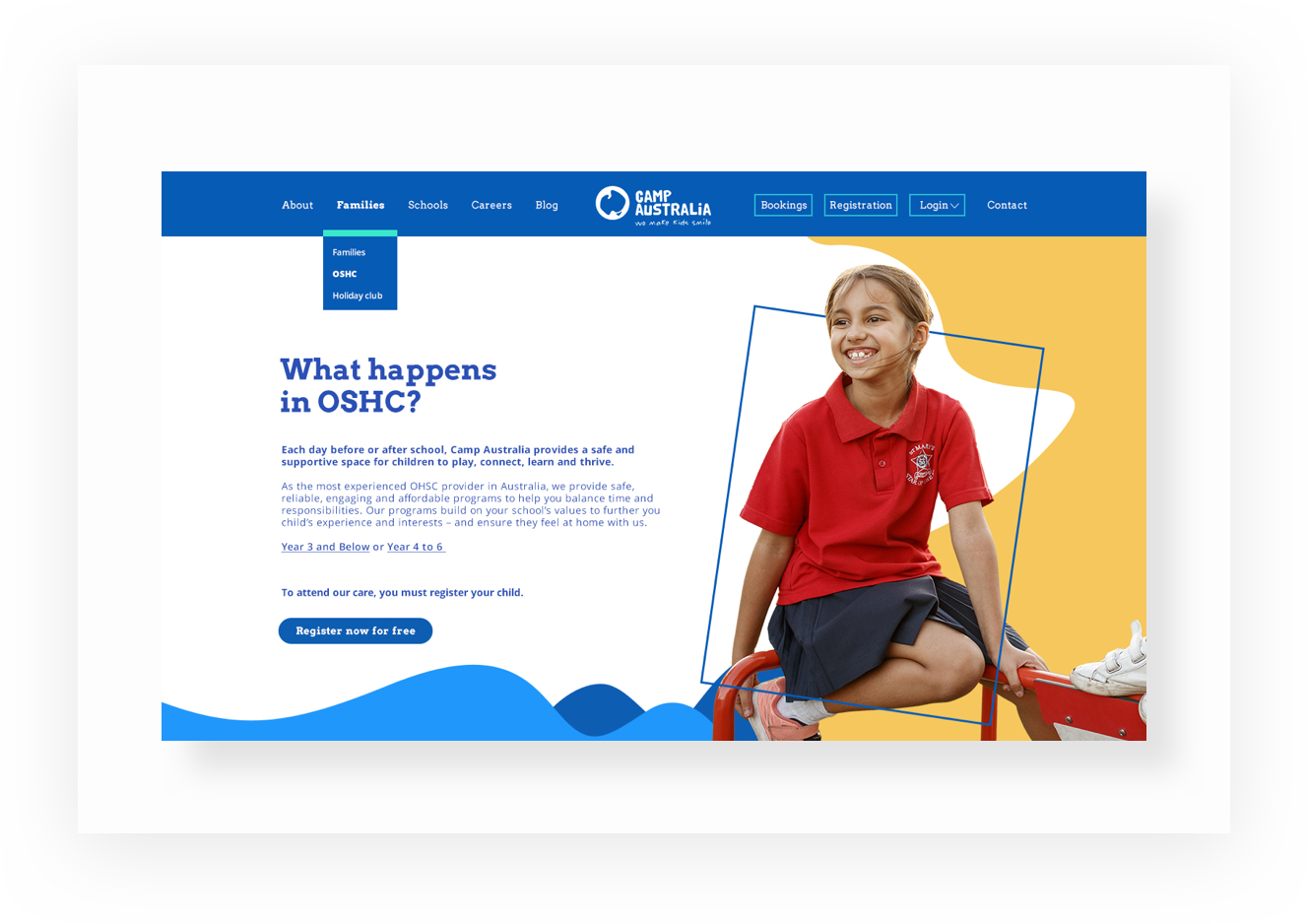 Screenshot of the Camp Australia website on the OSHC tab with a little girl smiling and animation in the background