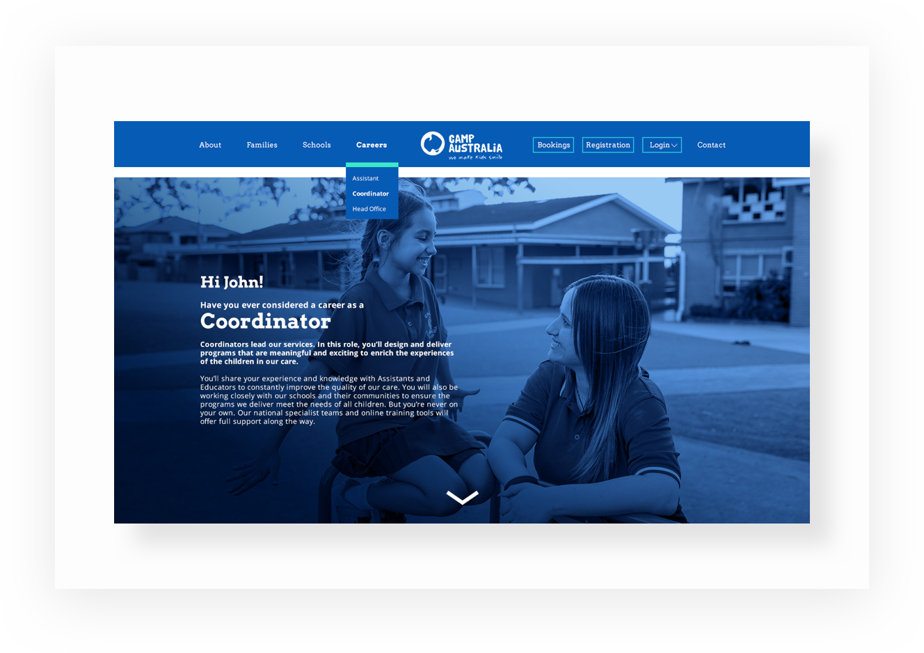 Screenshot of the Camp Australia website on the Coordinator tab with a blue filter