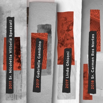 Graphic Still with a list of female names and years shaped into a bookshelf type setup for the Overcoming Silence Campaign