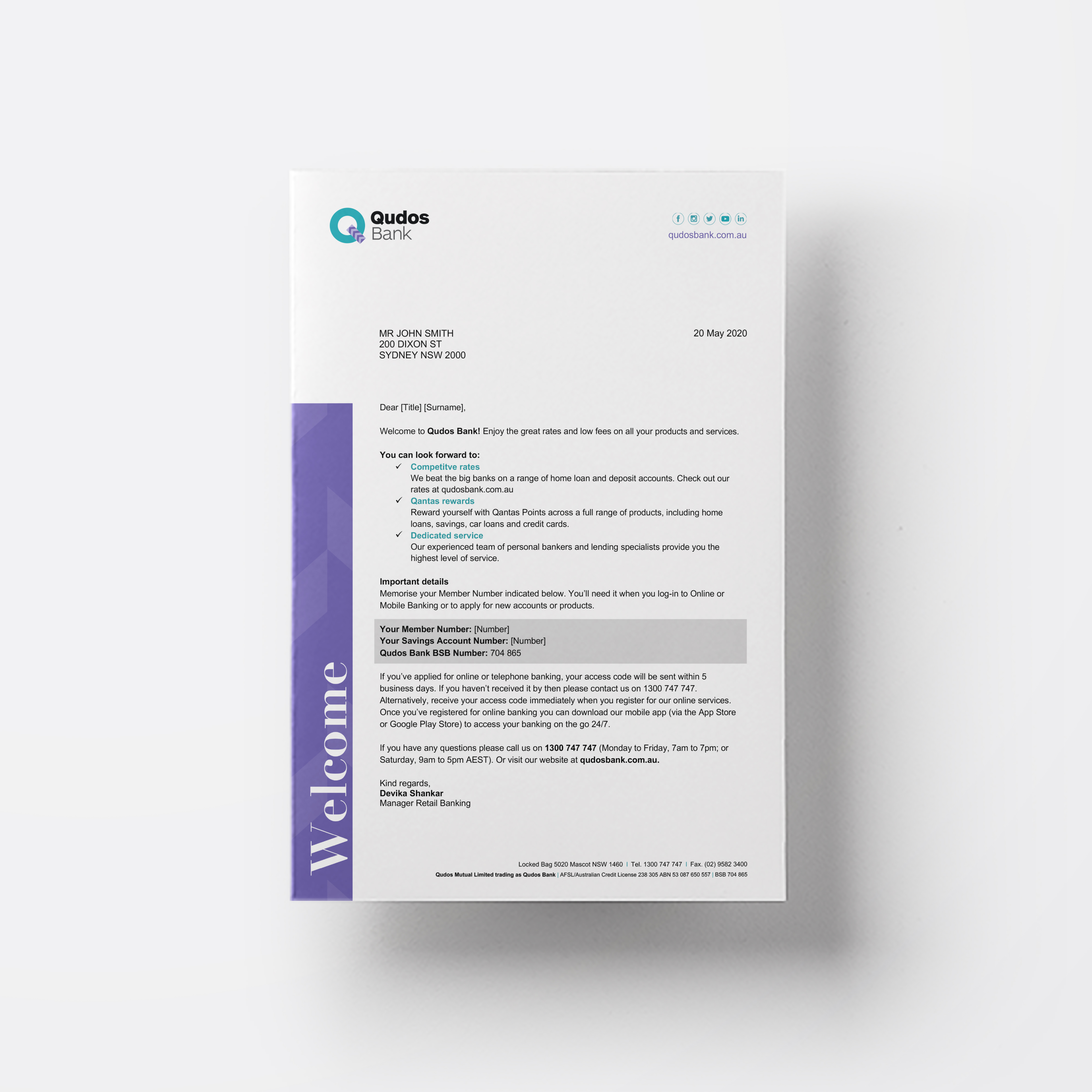 Example letterhead for Qudos Bank