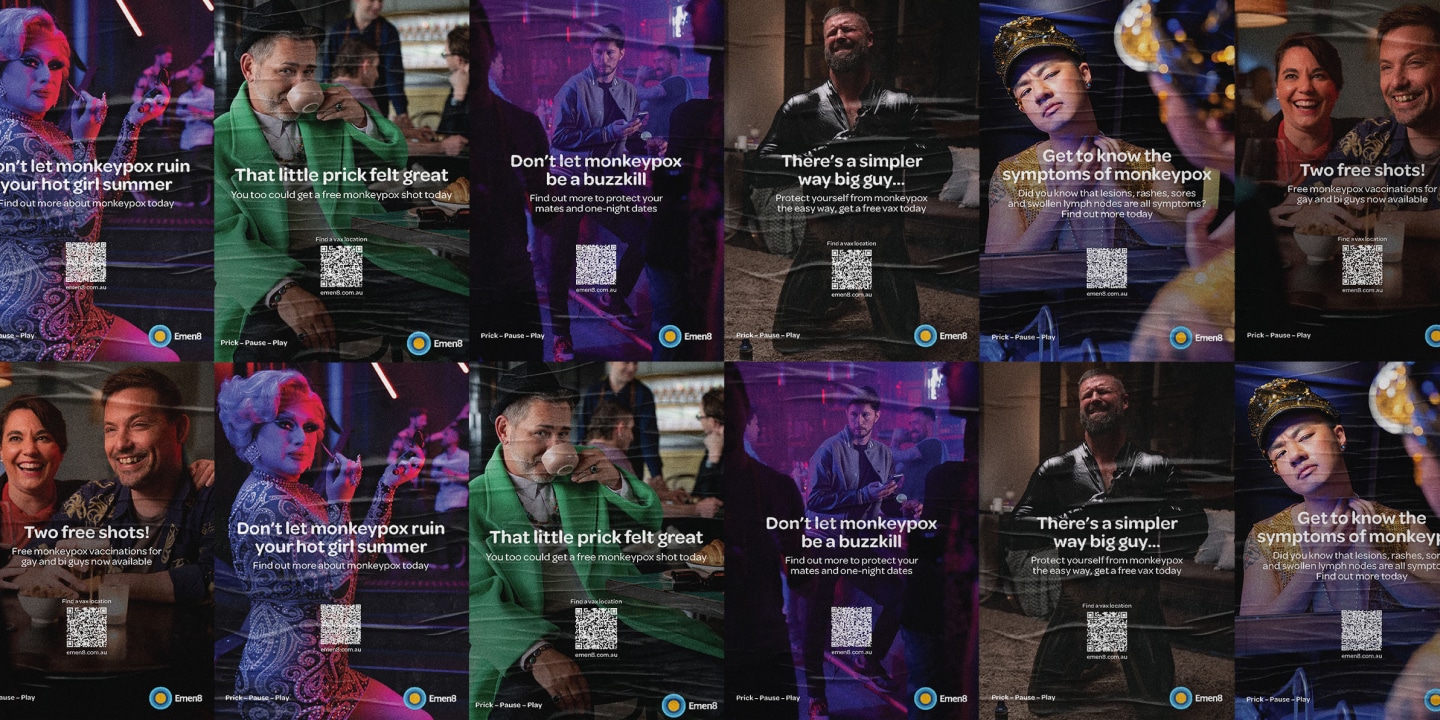 Poster wall off all the different characters in the Emen8 monkeypox campaign.