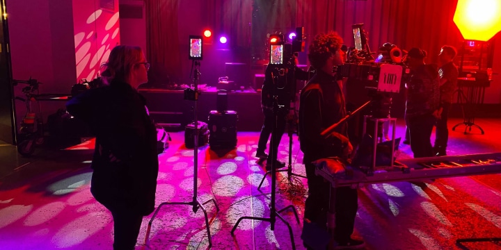 Crew and lighting setup behind the camera at the Emen* Monkeypox campaign shoot.